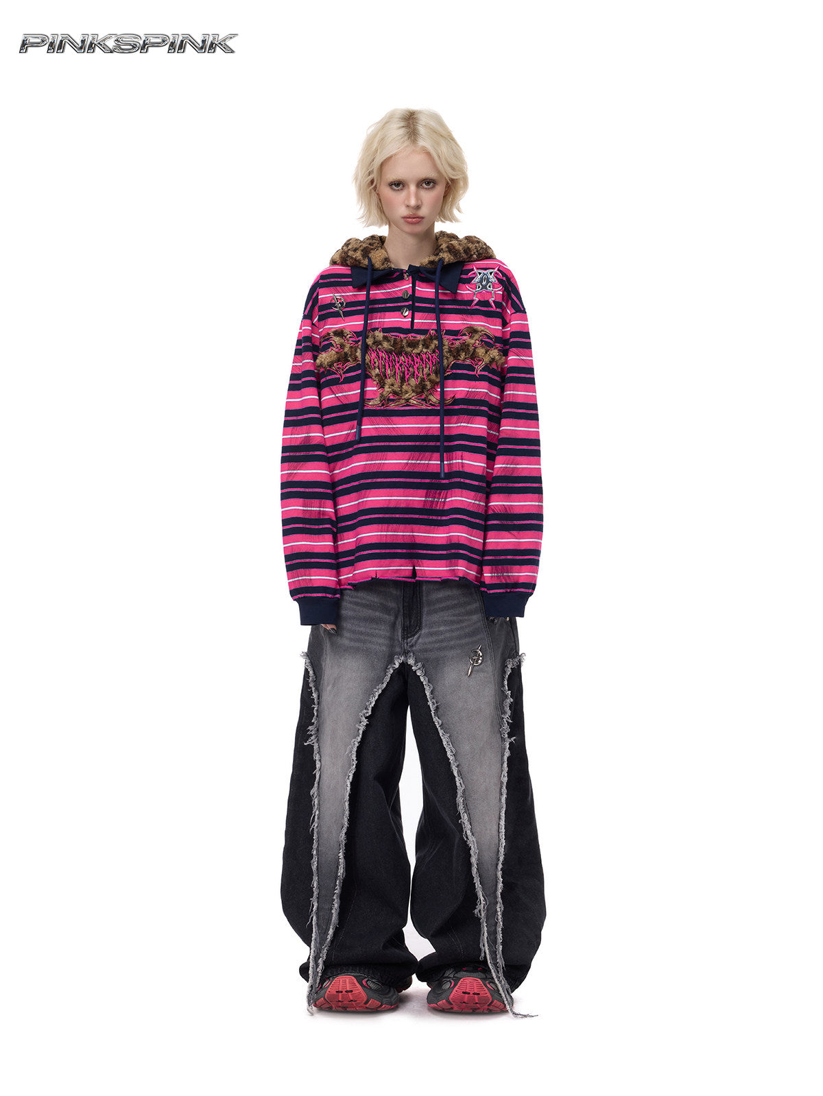 Black Metal Cat Ear Hooded Y2K Sweatshirt – Leopard Stripe