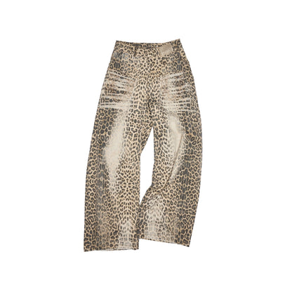 Vintage Leopard Print Wide-Leg Canvas Scimitar Pants – Low-Rise Mop Style