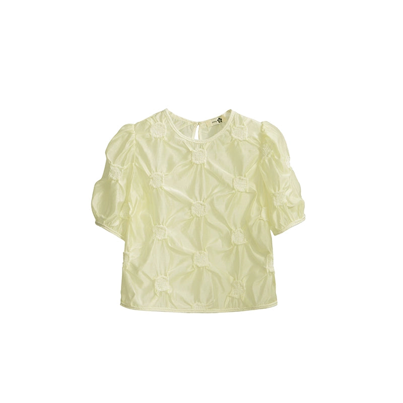 Original Design Apricot Rain Pear Cloud Heavy Industry Weaving Embossed Imitation Sky Silk Clear Short Sleeve Top