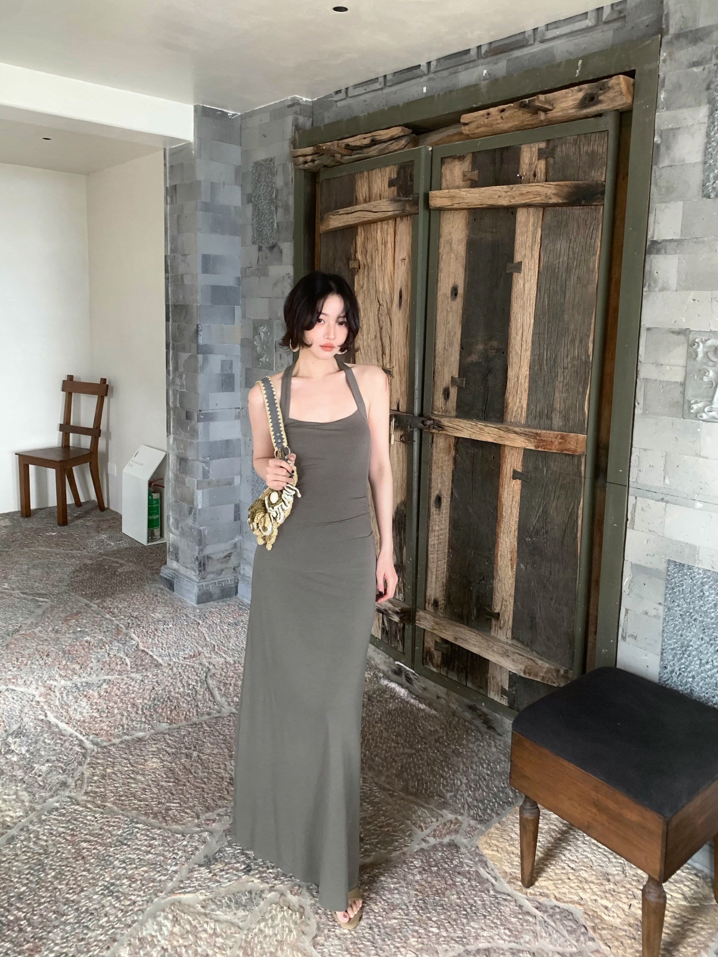 Wild Mang Halterneck Waist-Defining Maxi Dress