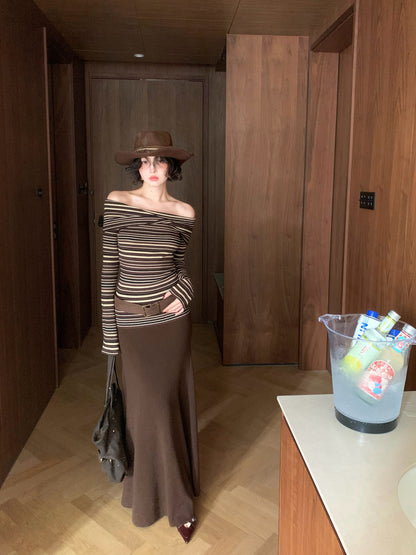 Wine Noon Slanted Shoulder Stripe Slim Knit – Fall/Winter