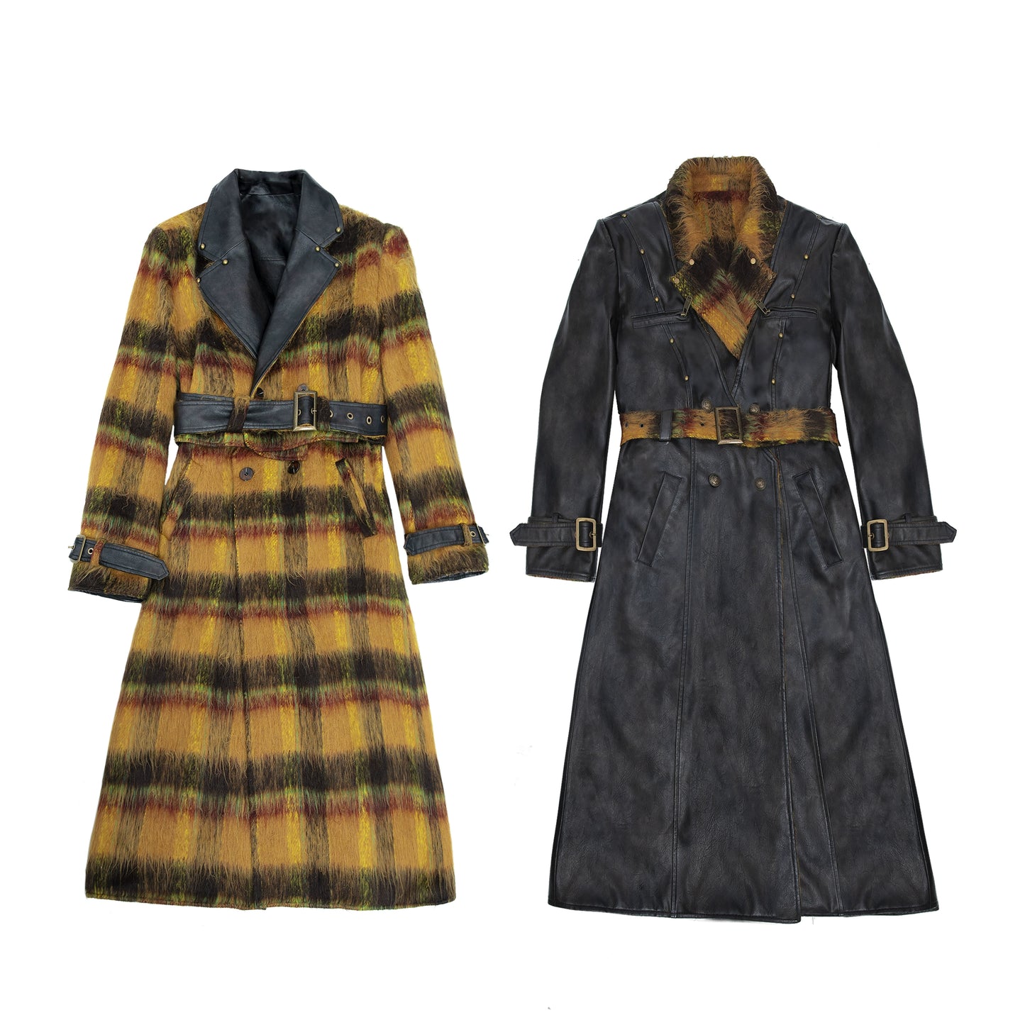 Reversible Plaid Leather Trench Coat | Retro Long Wool Coat Design