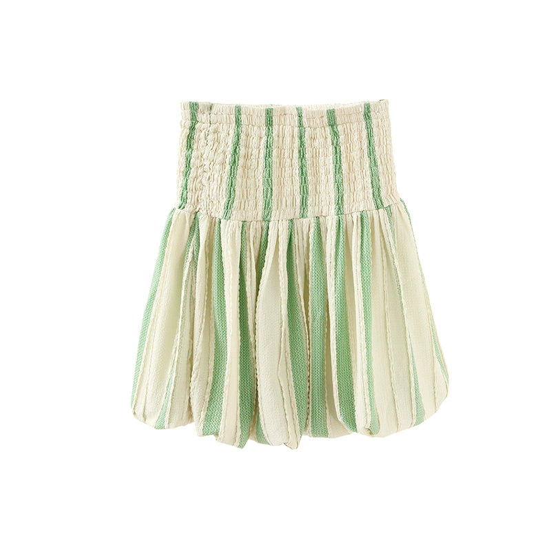 Original Design Grass and Wood Elf Cream Green Stripe Bubble Texture Knitted Cardigan Half Skirt Set