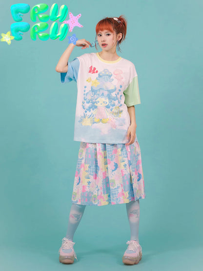 Gollum Store Original cartoon dolphin cute girl powder blue print pleated midi skirt for spring and summer