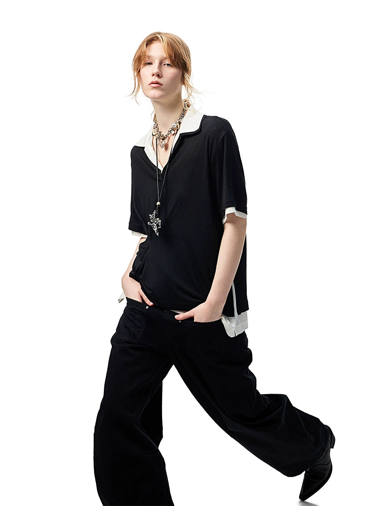 Two-in-One Loose Polo Blouse – Irregular Stitched Oversized Midi Top