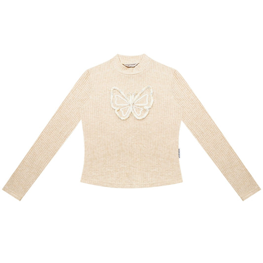 Butterfly Half High Collar T-shirt | Slim Fit Long Sleeve Knitted Retro Design