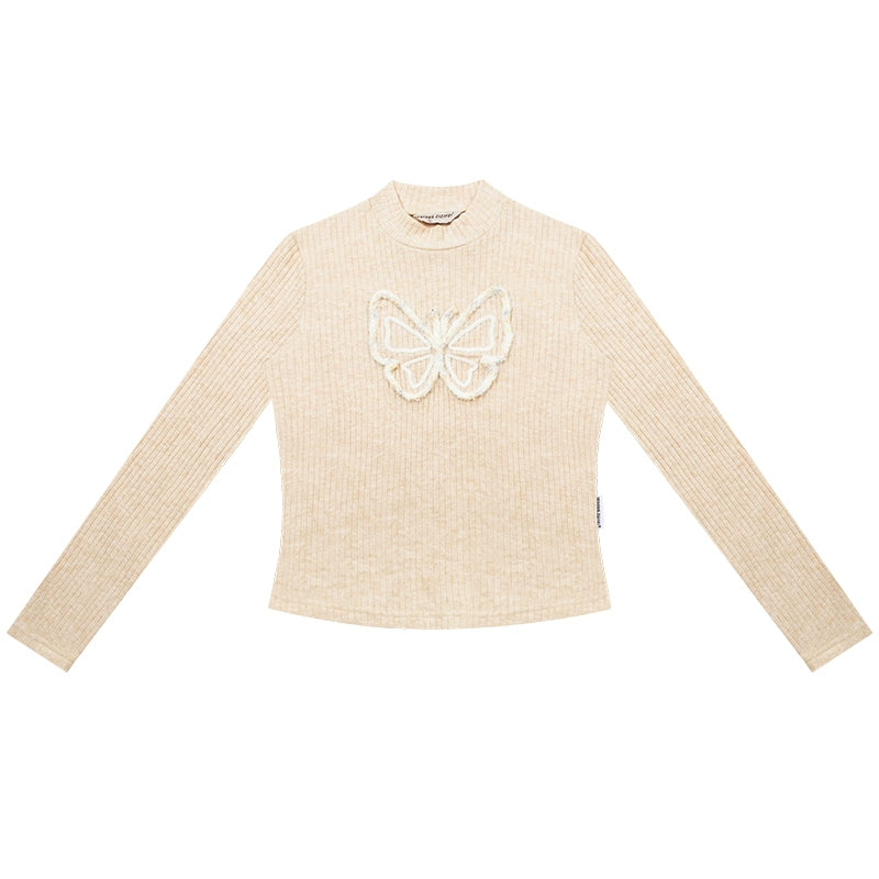 Butterfly Half High Collar T-shirt | Slim Fit Long Sleeve Knitted Retro Design