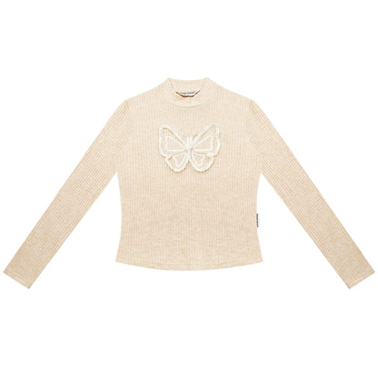 Butterfly Half High Collar T-shirt | Slim Fit Long Sleeve Knitted Retro Design