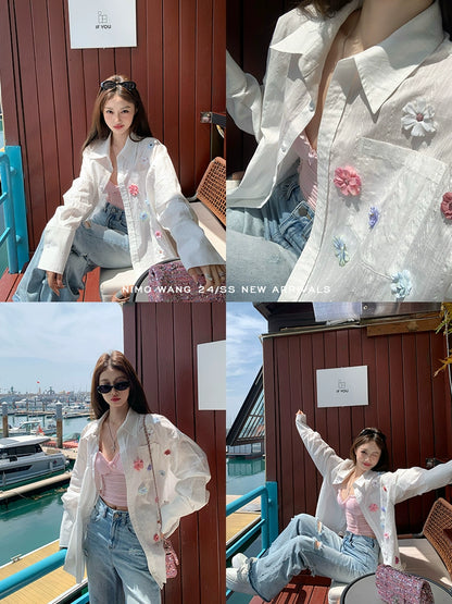 [Vacation Mode] White Sunscreen Cotton Shirt - Summer Long-Sleeve Cover-Up