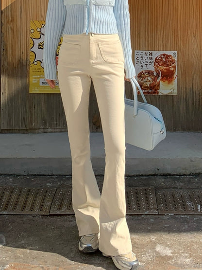 White High-Waist Velvet Jeans - Women's Autumn/Winter Slim Fit Floor-Length Style