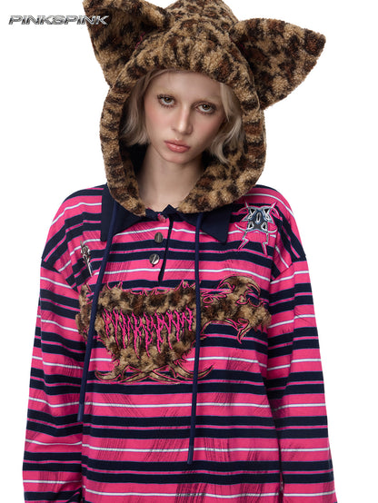 Black Metal Cat Ear Hooded Y2K Sweatshirt – Leopard Stripe