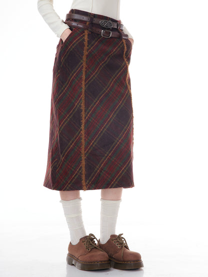 Red Checkered Wool Skirt | High Waist Retro Slim Fit for Autumn/Winter