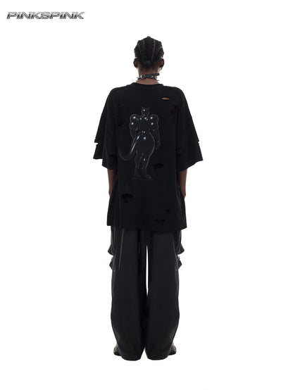 Cat Print Distressed Waist-Cinching Y2K Tee