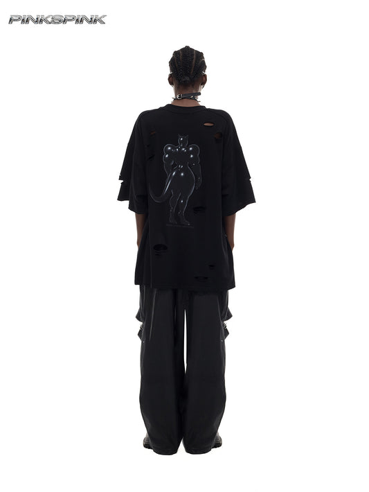 Cat Print Distressed Waist-Cinching Y2K Tee