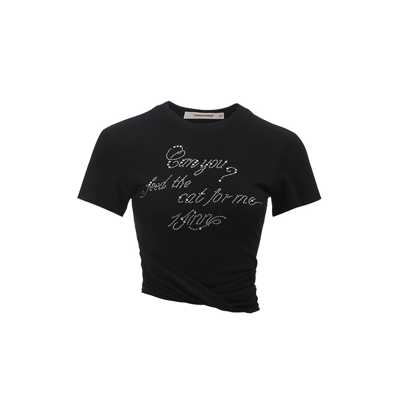 Pleated Waist Studded Crop T-Shirt – Slim Silhouette with Design Flair