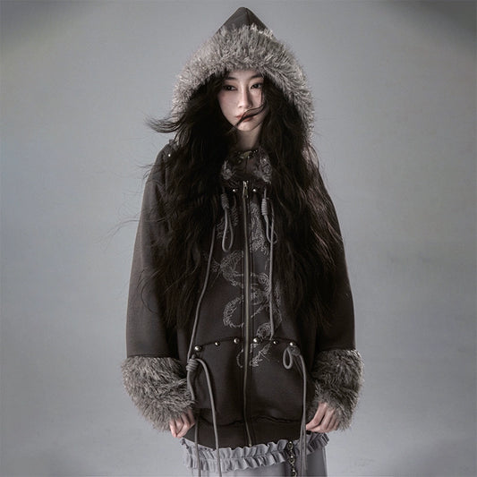 Year of the Loong Fur Plush Hooded Sweater Coat