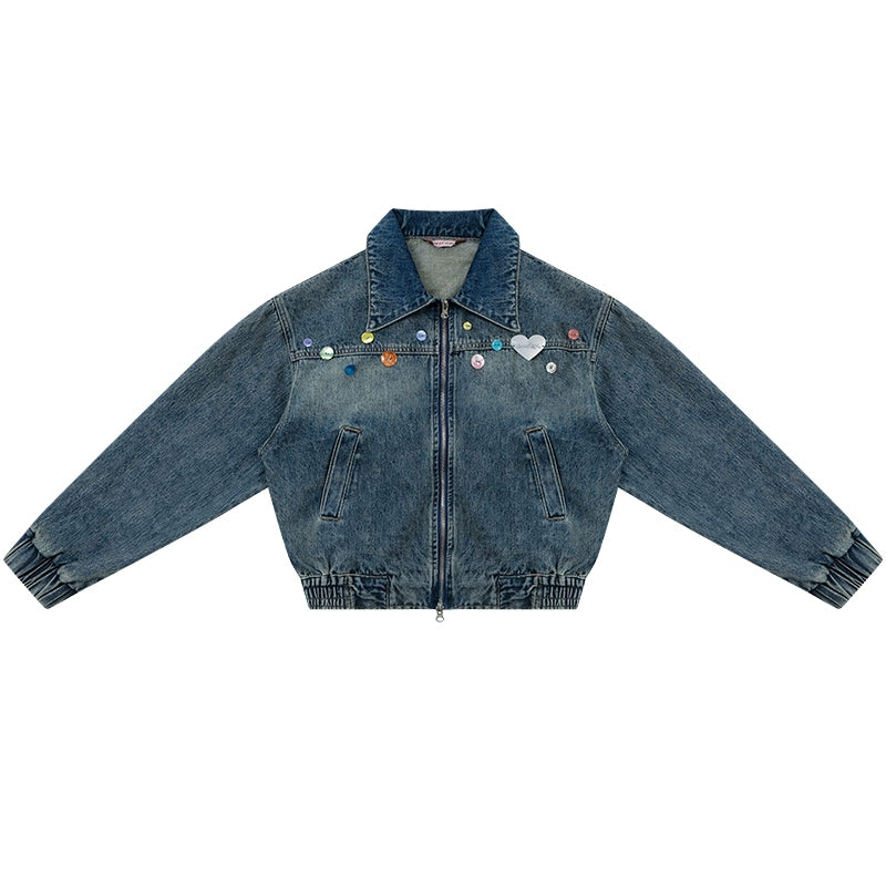 Veste en denim à boucle colorée | Fermeture éclair courte, design rétro américain pour le printemps/été