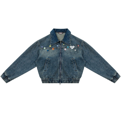 Veste en denim à boucle colorée | Fermeture éclair courte, design rétro américain pour le printemps/été