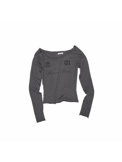 One-Shoulder Badge Graphic Long Sleeve Top