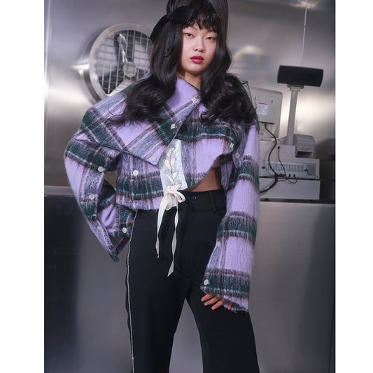 Cape Style Lace-Up Plaid Woolen Short Jacket T355