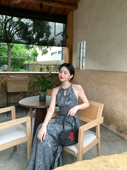 Halterneck Hollow Collar Cheongsam Swing Dress