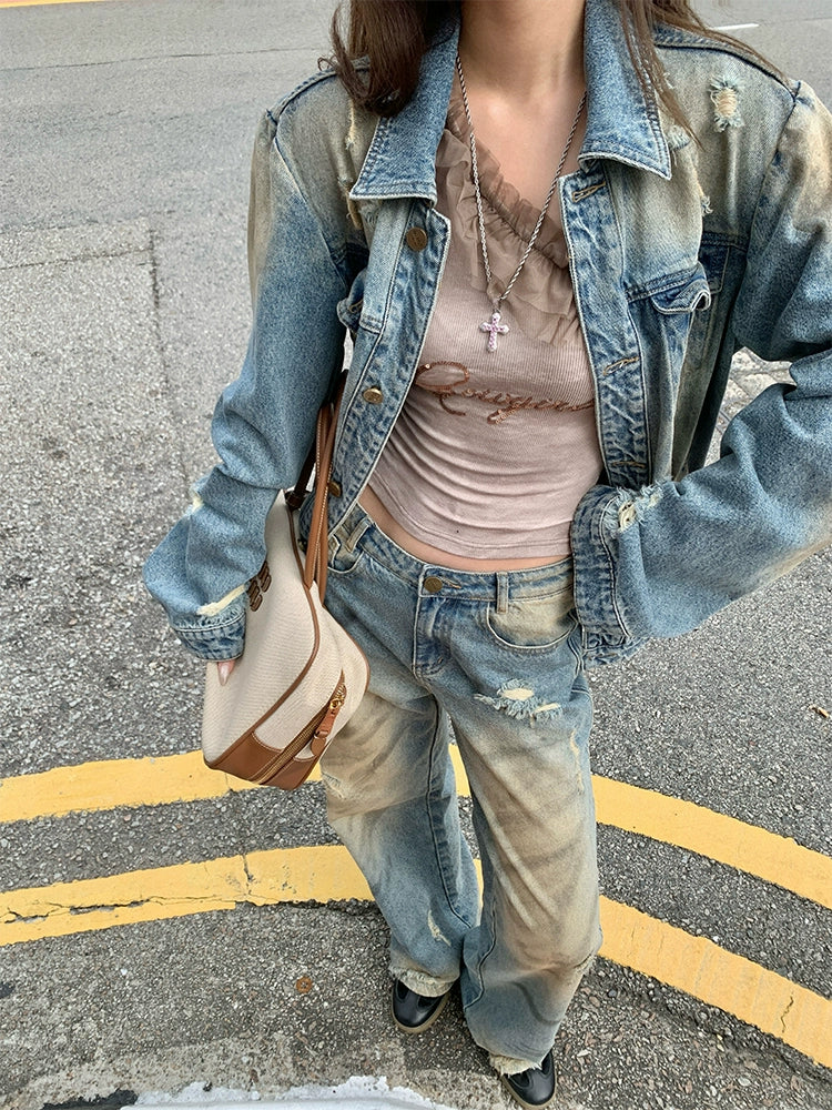 [Western Cowboy] Distressed Denim Jacket & Pants Set - Women's Autumn Style