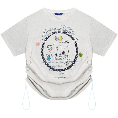 Cat Print Drawstring T-shirt | Loose Round Neck Retro Design for Summer