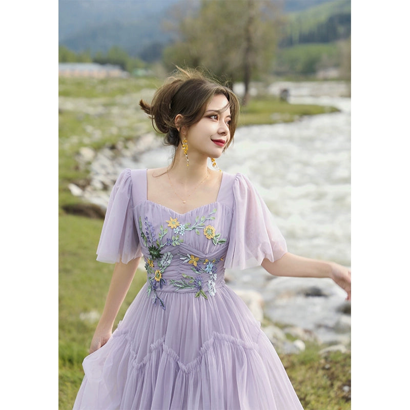 Light Fragrance Purple Mesh Patch Dress