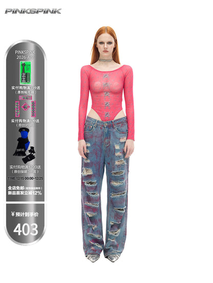 Wasteland Washed Irregular Ripped Unisex Denim Jeans