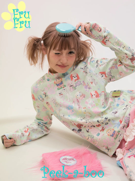 Gollum Store Dollhouse Series Original design cute printed green sweet girl's base shirt