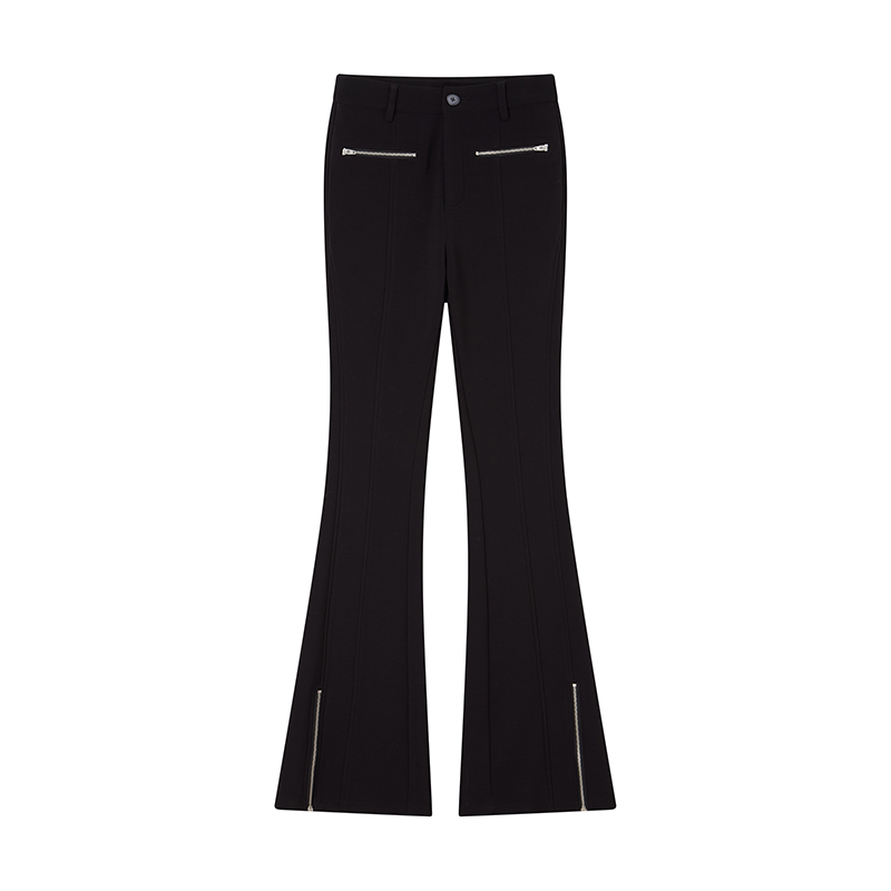 Black Elastic Slim Fit Flare Pants with Metal Zipper