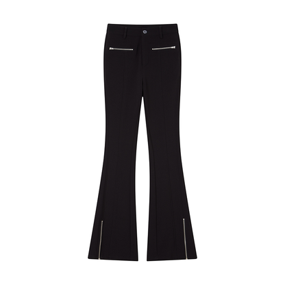 Black Elastic Slim Fit Flare Pants with Metal Zipper