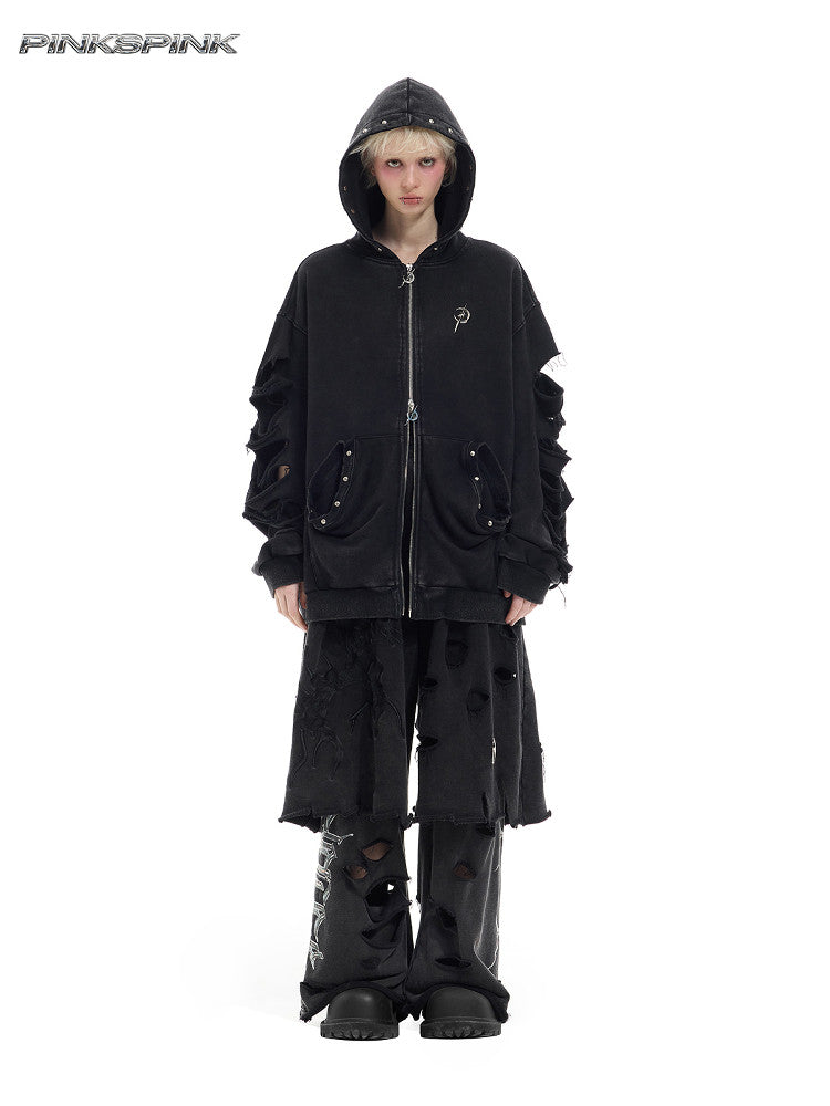 Rivet-Washed Distressed Unisex Y3K Hooded Cardigan