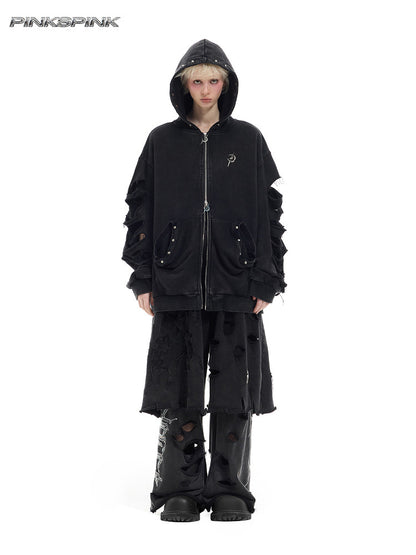 Rivet-Washed Distressed Unisex Y3K Hooded Cardigan
