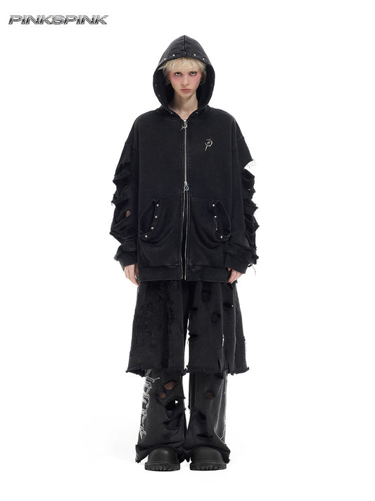 Rivet-Washed Distressed Unisex Y3K Hooded Cardigan