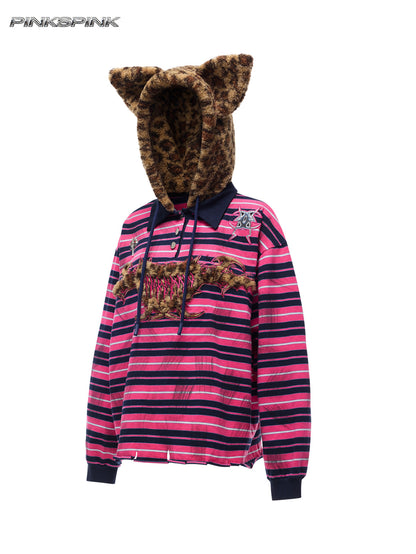 Black Metal Cat Ear Hooded Y2K Sweatshirt – Leopard Stripe