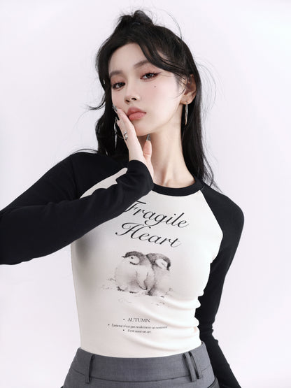 Penguin Print Raglan Sleeves Color Blocking T-shirt