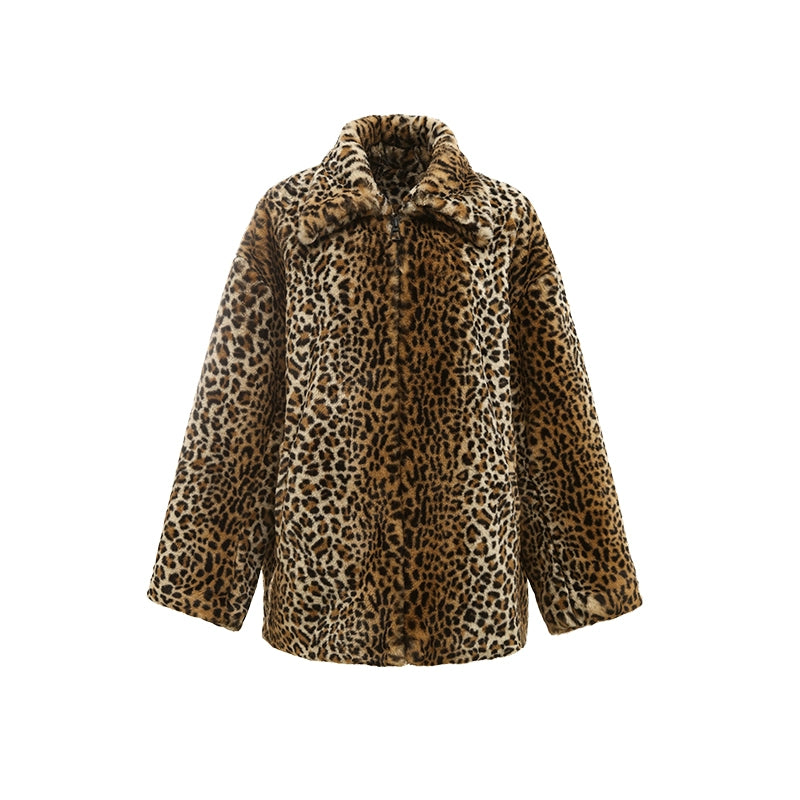 Vintage Leopard Print Faux Fur Jacket – Eco-Friendly Rabbit Fur Midi Coat