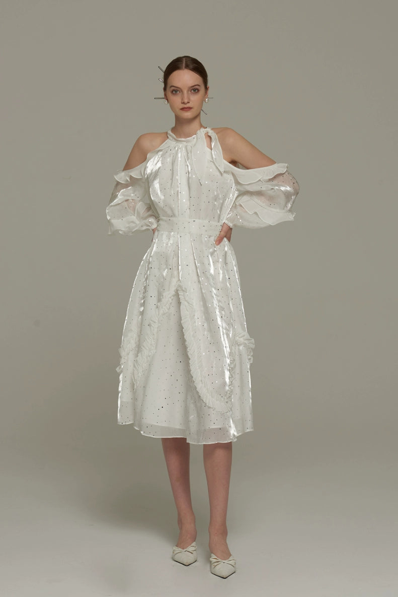 White Fairy Dress Lantern Sleeve and Off -Shoulder Design | Elegant Dress with sequence Serendute White Fairy Dress Lantern Sleeve and Off -Shoulder Design | Elegant Dress with sequence Serendute