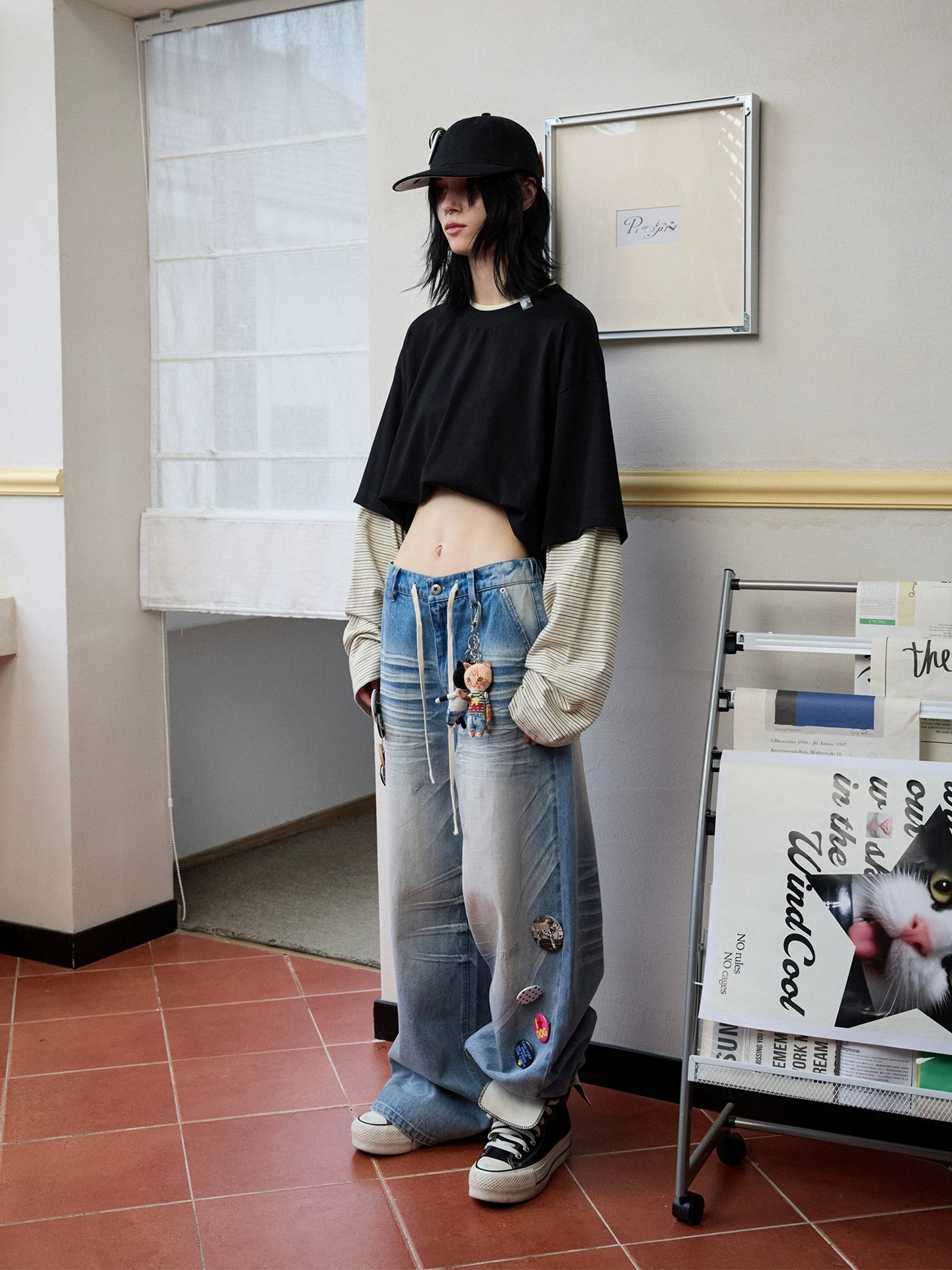 Oversized Striped Fake Two-Piece T-Shirt – Loose Contrast Long Sleeve Top