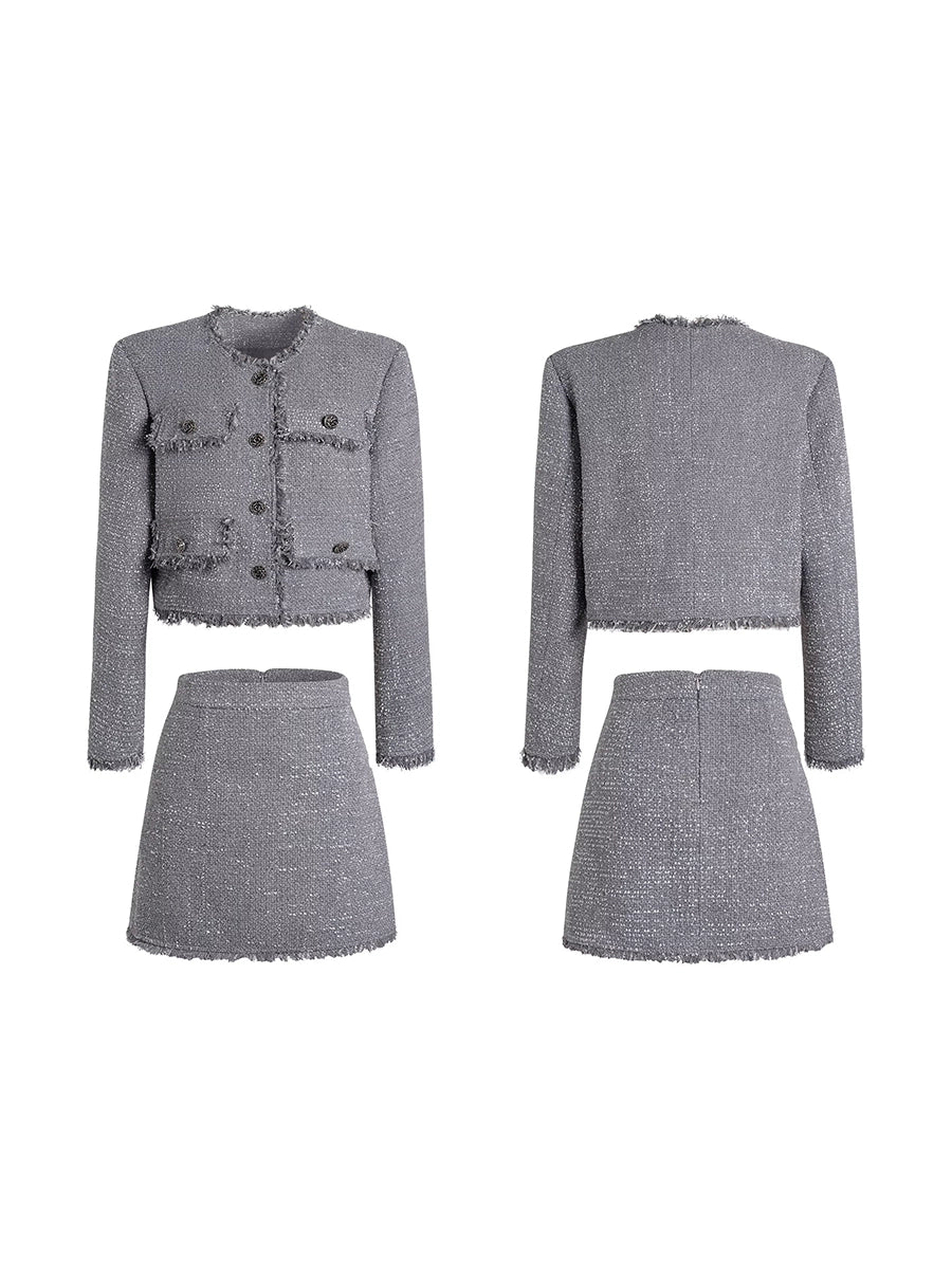 Coarse Tweed Short Jacket Set - Silver Gray