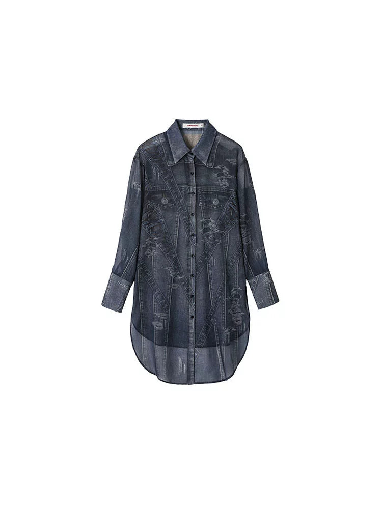 Denim Tie-Print Chiffon Long Shirt – Lightweight & Flowy Design