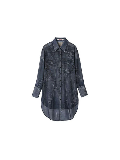 Denim Tie-Print Chiffon Long Shirt – Lightweight & Flowy Design