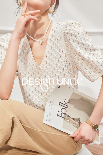 White Xiaoxiangfeng V-neck Knit Top