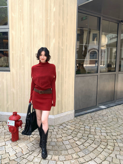 Wine Afternoon Semi-Turtleneck Knit Mini Dress – Retro Fall/Winter 2025