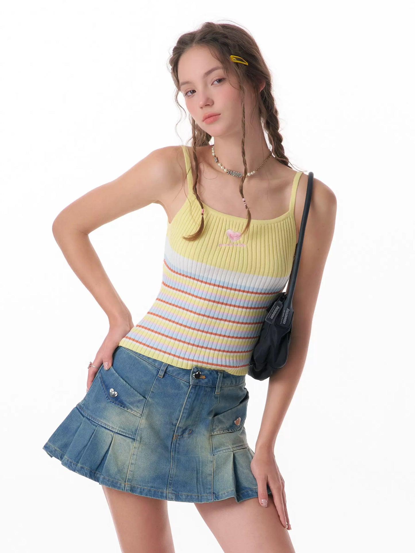 Love Rabbit Embroidered Tank Top | Striped Slim Fit Retro Design for Summer