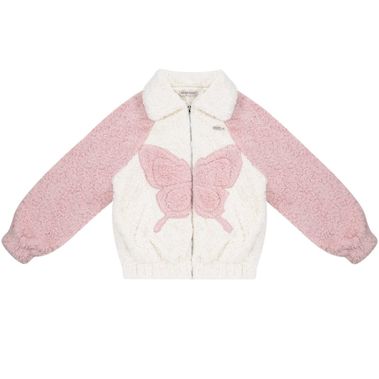 Contrast Color Butterfly Sherpa Jacket | Thick Velvet Pink-White Design for Autumn/Winter