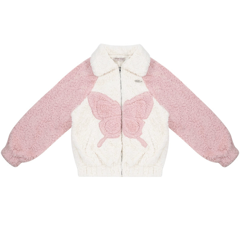 Chaqueta Sherpa de mariposa de color en contraste | Diseño rosa-blanco de terciopelo grueso para otoño/invierno