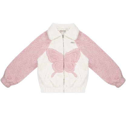 Chaqueta Sherpa de mariposa de color en contraste | Diseño rosa-blanco de terciopelo grueso para otoño/invierno