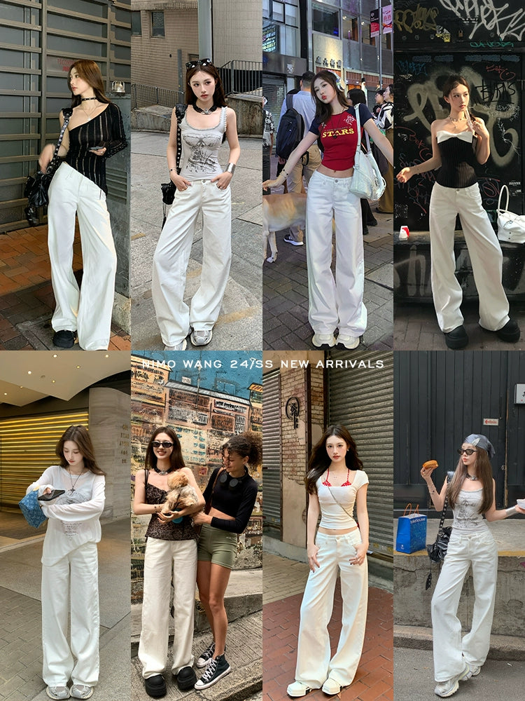 [Korean Vibes] White Straight-Leg Wide-Leg Jeans - Summer Edition